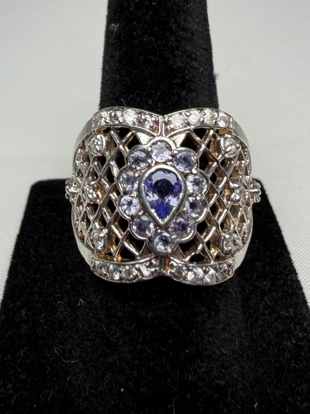 Natural Tanzanite & White Topaz Cocktail Ring 1.30ctw 35 Stone Sterling Sz 6